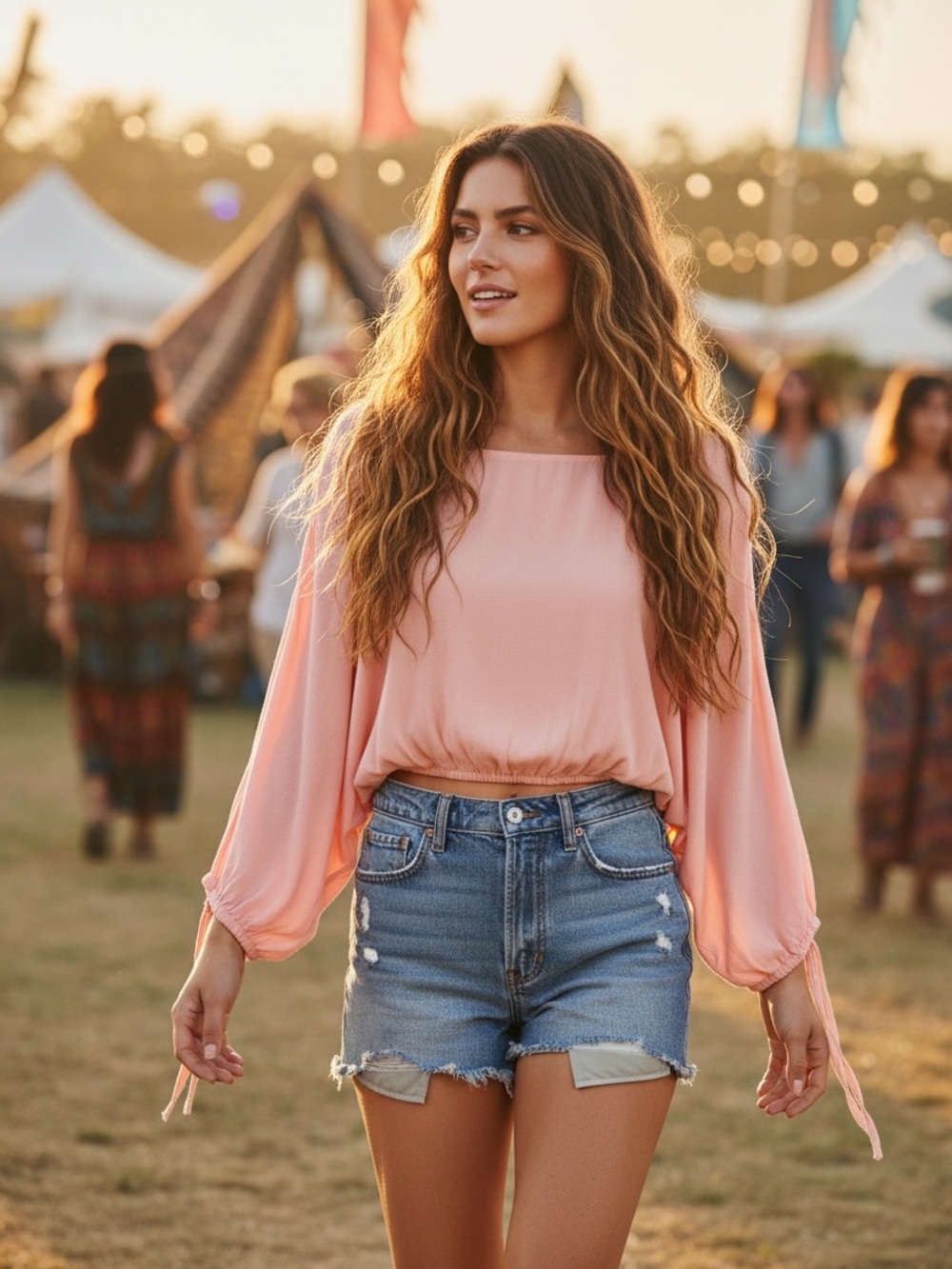 Revolve Lucie Peach Pink Split Sleeve Crop Top Boho Balloon Sleeve